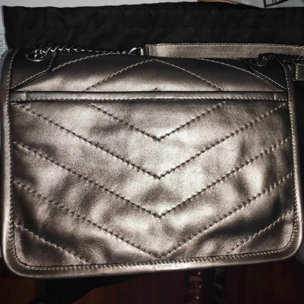 SAINT LAURENT Baby Niki Quilted Metallic Silver Leather Shoulder Bag